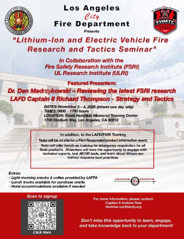 LAFD Lithium-Ion and EV Fire Research and Tactics Seminar flyer